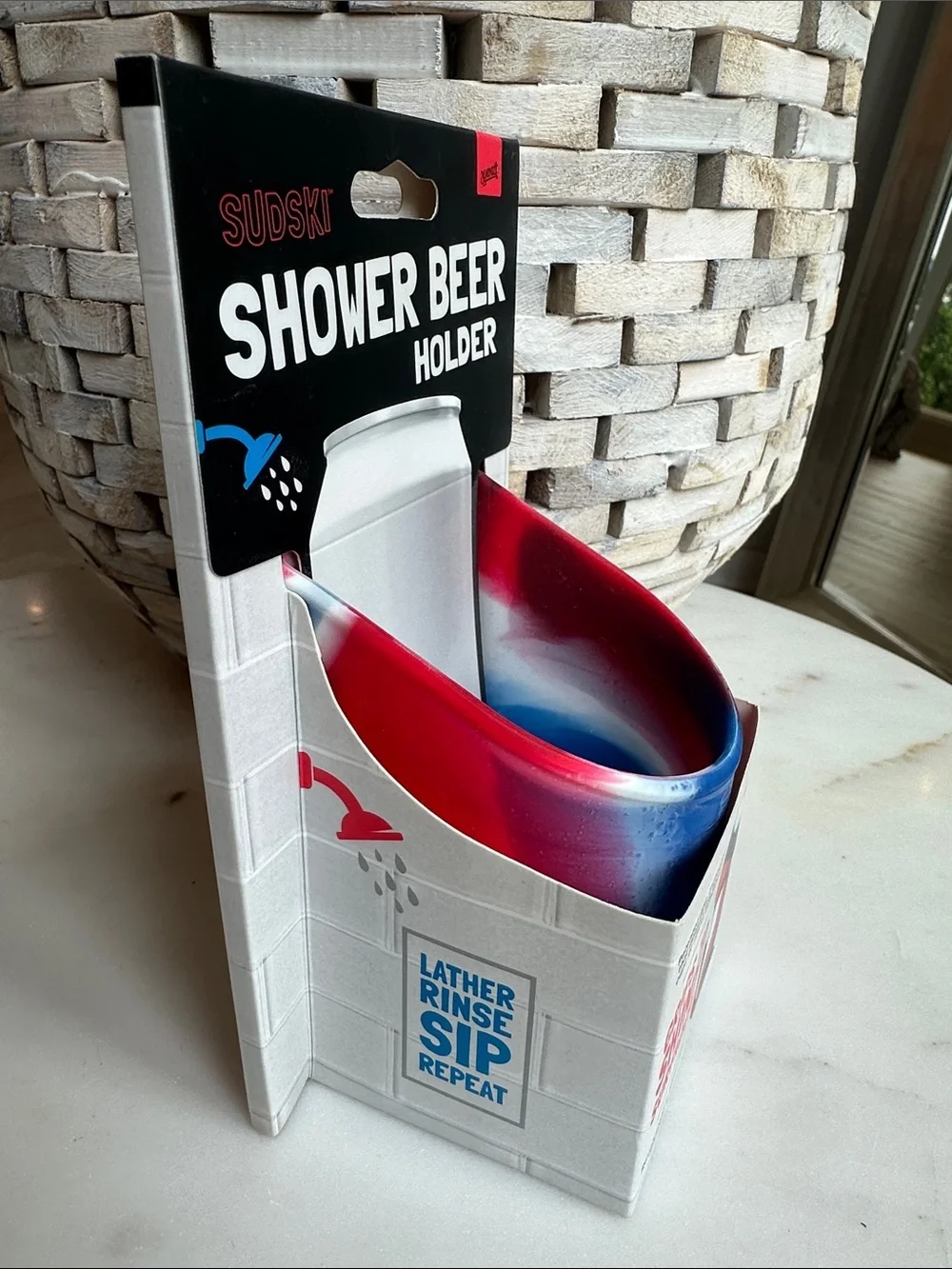 Shower Beer Holder - Red and Blue Swirl